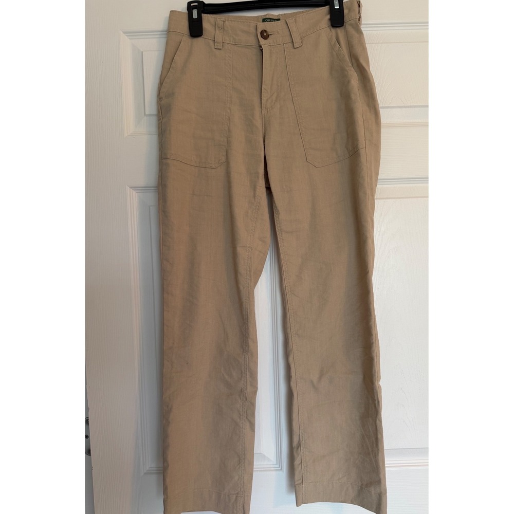 Orvis Womens Tan Linen Sorona Blend Straight Leg Utility Patch Pocket Pants 4